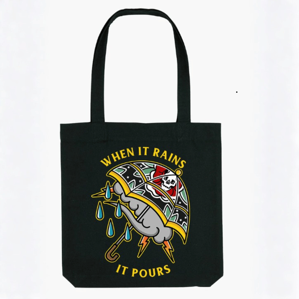 When It Rains It Pours Tote Bag from Broken Society showing bold graphic statement design