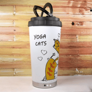 Yoga Cats Travel Mug from Cats in Charge showing playful cat yoga design on a travel mug
