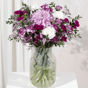 Amethyst Dream from Bunches showing a bouquet of pink, purple and white flowers with eucalyptus