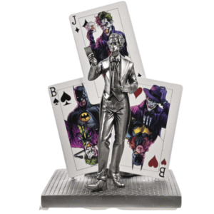 Batman & Joker Stack Of Cards Figurine from The Home of Characters showing stacked playing cards with Batman and Joker artwork and silver figurine detail