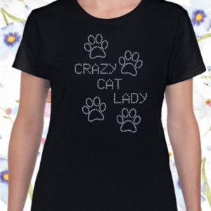 Crazy Cat Lady T-Shirt from Cats in Charge showing black ladyfit style with sparkling rhinestone design