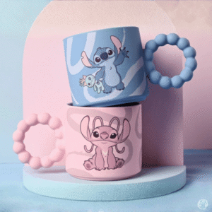 Disney Stitch and Angel ceramic mugs stacked showing blue Stitch mug and pink Angel mug with textured handles