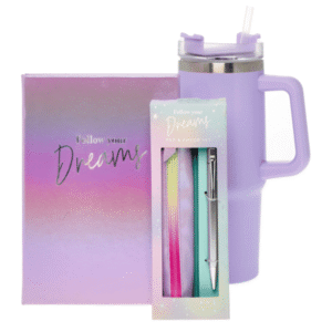 Dreams Stationery and Travel Mug Bundle from Card Factory showing lilac travel mug and pastel stationery set