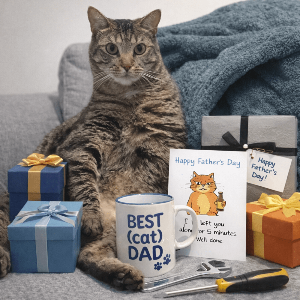 Tabby cat surrounded by Father’s Day gifts including mug, cards, tools and wrapped presents on a sofa