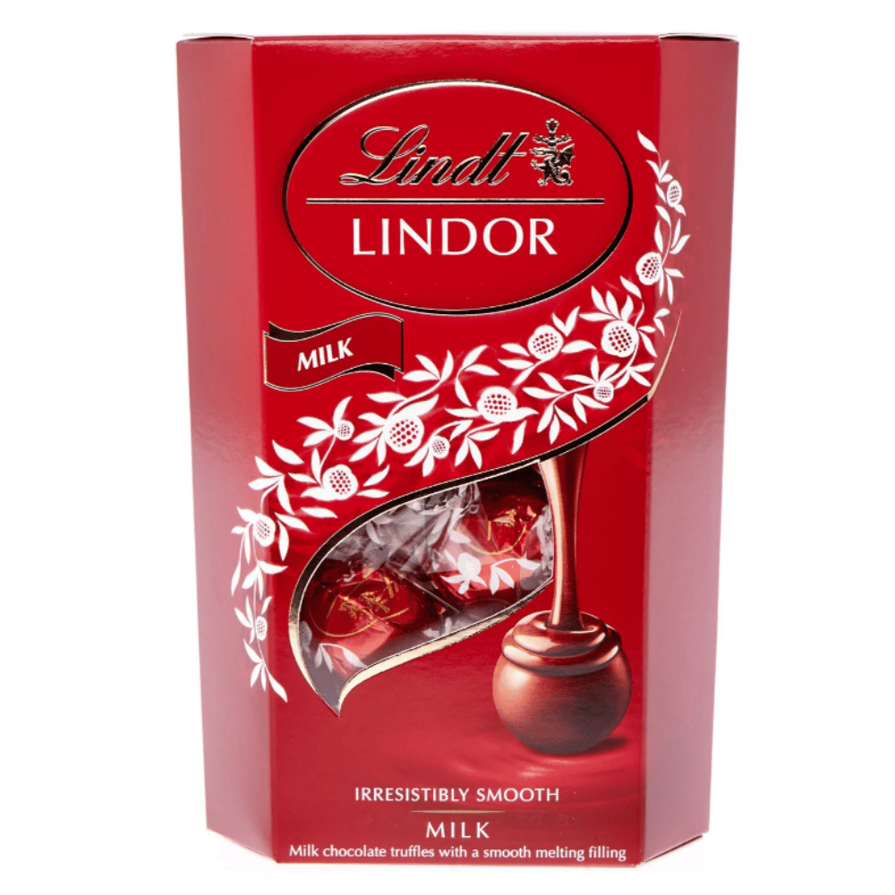 Lindt Lindor milk chocolate truffles box with red packaging and smooth melting chocolate filling