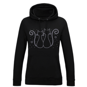 Love Cats Rhinestone Hoodie from Cats in Charge showing smoky black hoodie with rhinestone detailing