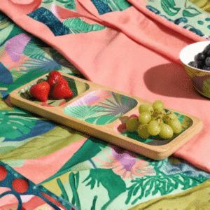 OHS Palm Print Bamboo 3-Section Picnic Serving Board from OHS showing green palm print compartments with fruit