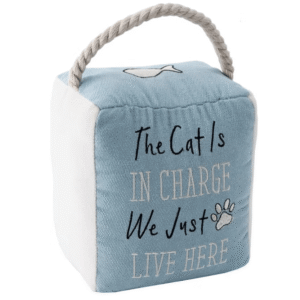 Paws for Thought 'The Cat Is In Charge' Door Stop from Cats in Charge showing a weighted cat design with embroidered message