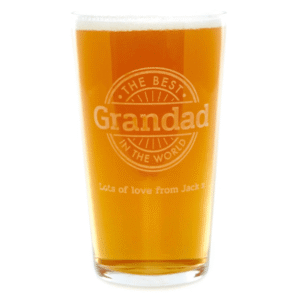 Personalised World's Greatest Grandad Pint Glass from Card Factory showing printed message design on pint glass
