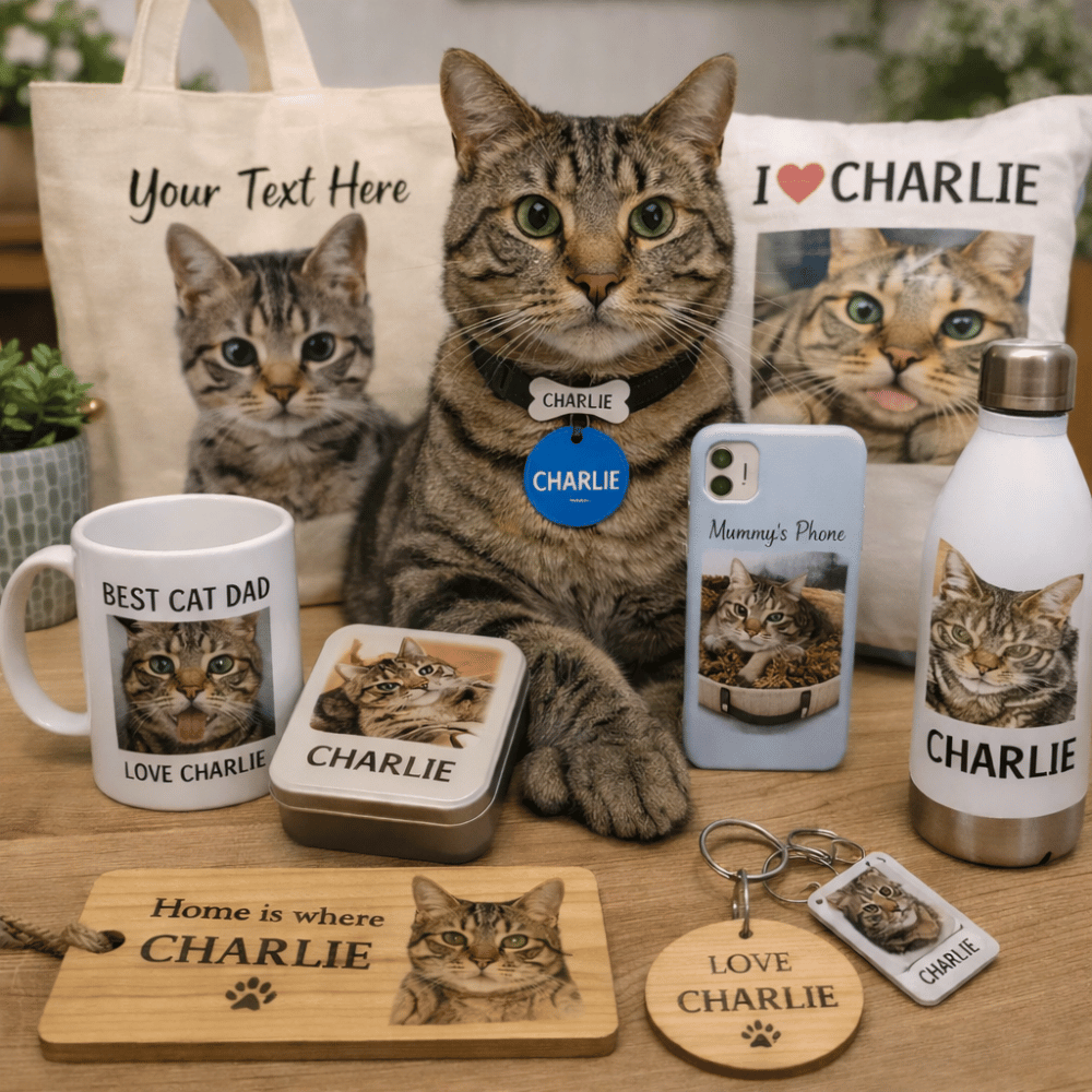 Personalised gifts including mugs, tote bags, phone case and accessories featuring a cat photo