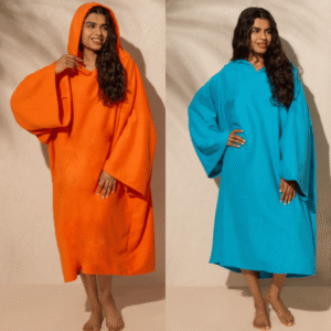 Adult Towel Poncho from OHS in orange and blue colours with hooded poncho design