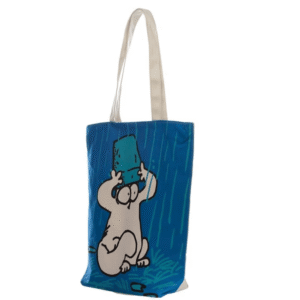 Simon's Cat zipped cotton bag from Cats in Charge showing blue cotton design with licensed character artwork