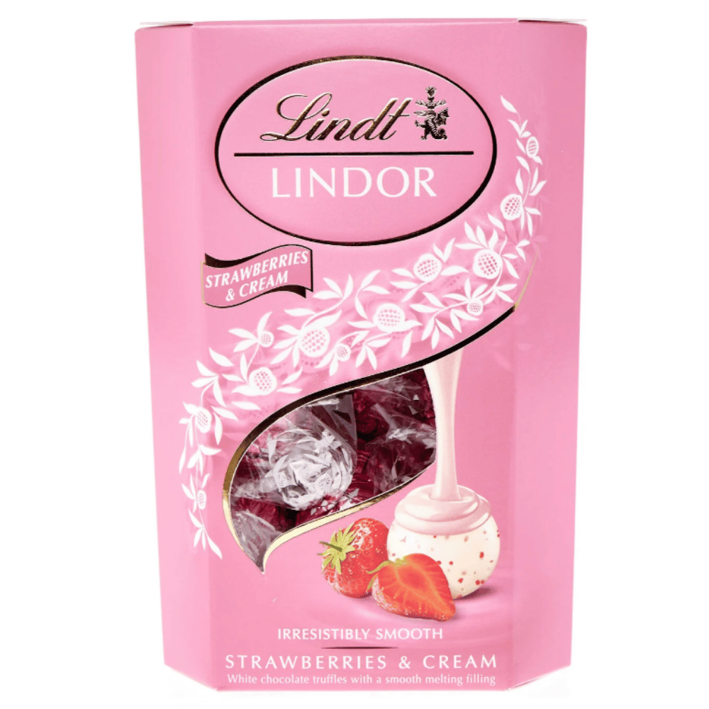 Lindt Lindor strawberries and cream chocolate truffles box with pink packaging and strawberry flavour filling
