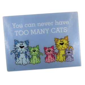 Too Many Cats Chopping Board from Cats in Charge showing glass surface with cat-themed design