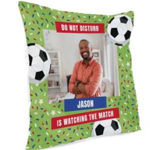 Watching the Football Match Photo Cushion from Card Factory showing personalised photo design on a cushion