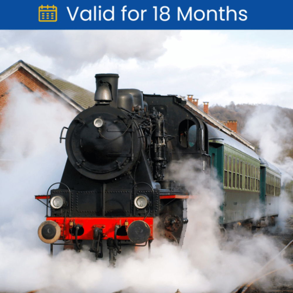 Steam Train & Afternoon Tea Gift Experience Day from Card Factory showing a nostalgic steam train and afternoon tea experience gift