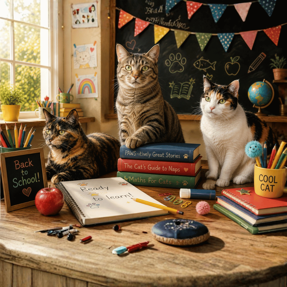 Charlie the tabby cat with two feline friends in a playful back to school classroom surrounded by books, stationery and school supplies.