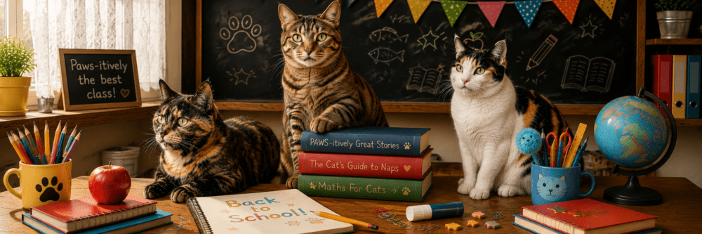 Charlie the tabby cat with two feline friends in a playful back to school classroom surrounded by books, stationery and school supplies.