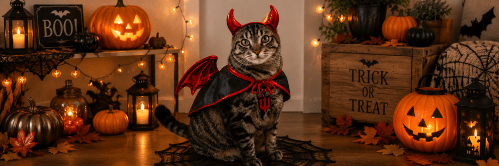 Tabby cat wearing a devil Halloween costume surrounded by pumpkins, lanterns and autumn decorations in a cosy Halloween scene.