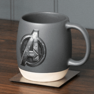 Marvel The Avengers Mug from THOC showing a grey ceramic mug with an embossed Avengers logo