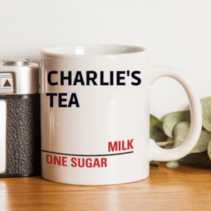 Personalised London Street Sign Mug from Card Factory showing a white mug with a personalised London street sign style design and custom drink preferences