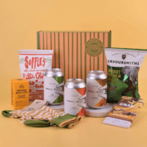 Beer Lovers Gift Set from Card Factory showing a premium gift hamper with craft beer, gourmet snacks, chocolate and striped socks