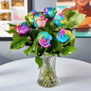 Blossoming Gifts Rainbow Roses Flower Bouquet from Card Factory showing six large-headed roses in bright rainbow colours.