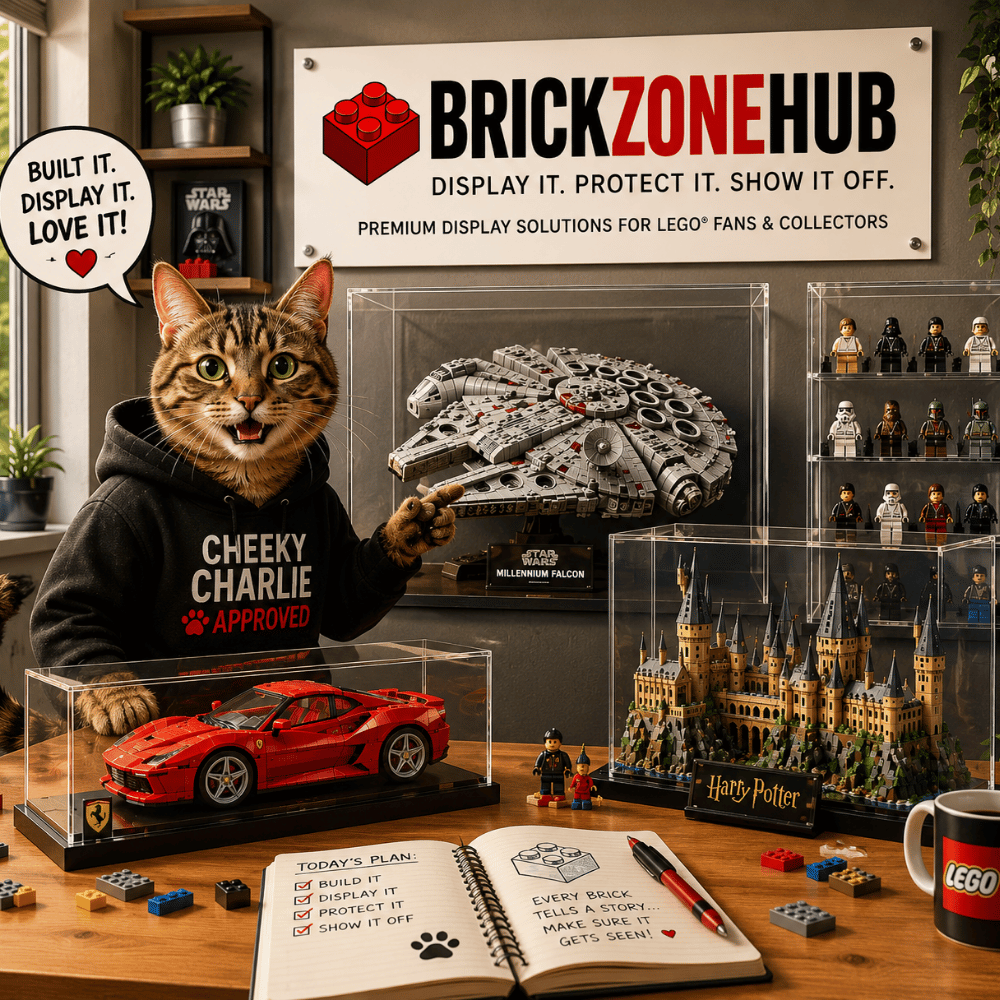 Cheeky Charlie with BrickZoneHub LEGO® display cases, frames and stands for collectors