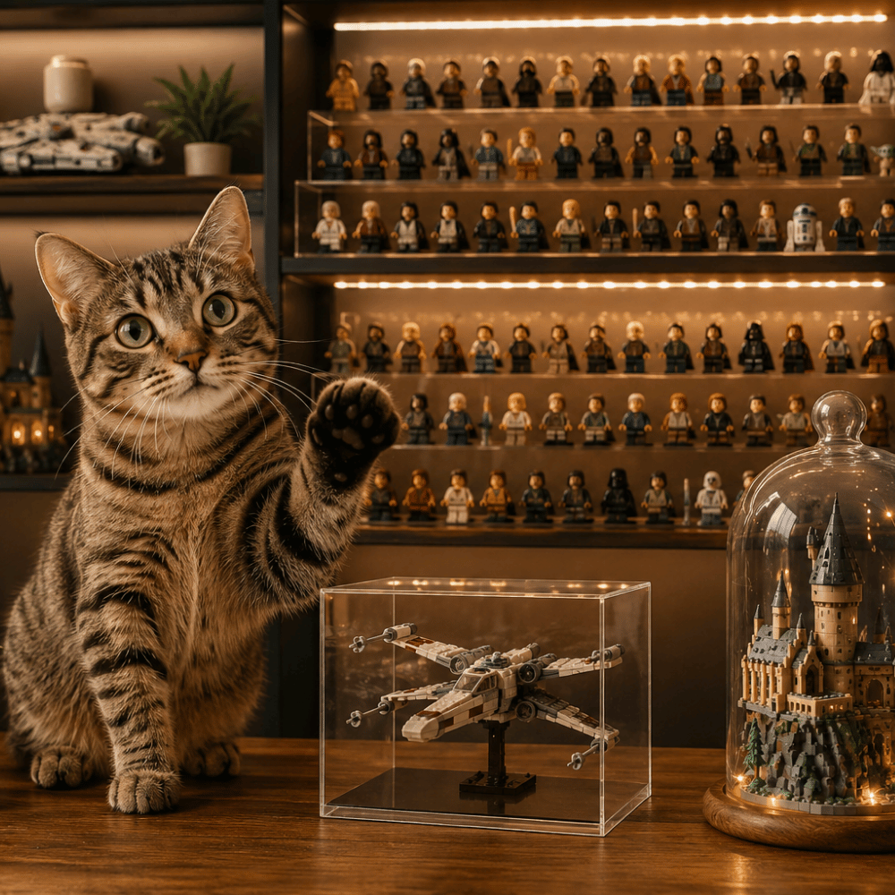 Charlie the tabby cat beside display cases filled with collectable figures and models