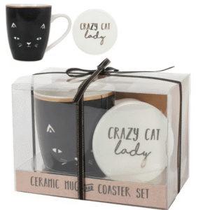 Crazy Cat Lady Mug and Coaster Set from Cats in Charge showing a cat face mug with matching Crazy Cat Lady coaster and presentation box