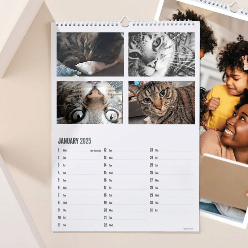 Create Your Own Multi-Photo Upload Calendar - 4 Photos from Card Factory showing an A4 wall calendar personalised with four photos per month.