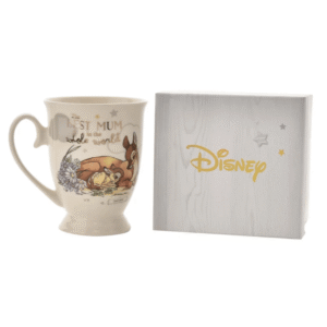 Disney Magical Beginnings Bambi Mug - The Best Mum from The Home of Characters showing the white Bambi mug beside its Disney gift box
