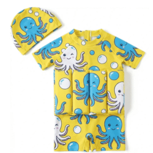 FloatBuds Floatsuit in the Yellow Octopus design with matching swim hat.
