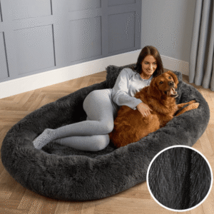 Fluffy Human Size Pet Bed from OHS showing the oversized charcoal fluffy pet bed