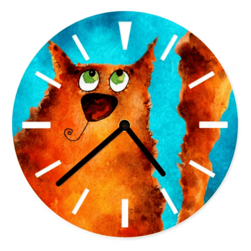 Ginger Cat aluminium clock from Cats in Charge showing the fun ginger cat design and hour interval cut outs