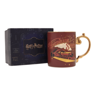 Harry Potter Alumni Collectable Mug - Hogsmeade Station from The Home of Characters showing the red Hogwarts Express design, gold handle and gift box
