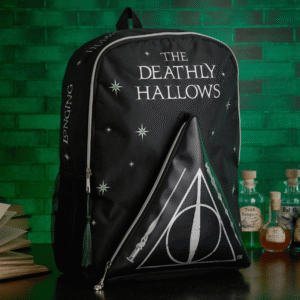 Harry Potter Dark Arts Backpack - Deathly Hallows from The Home of Characters showing the black Dark Arts backpack with Harry Potter detailing