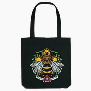 Killer Bee Tote Bag from Broken Society showing the black tote bag with Killer Bee artwork
