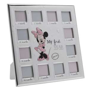Minnie Mouse 12 Month Silver Plate Frame from The Home of Characters showing the 12 month collage-style baby milestone design