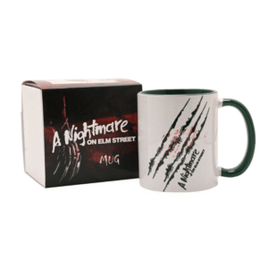 Nightmare on Elm Street Mug from The Home of Characters featuring a slash design with a green handle and interior alongside its gift box