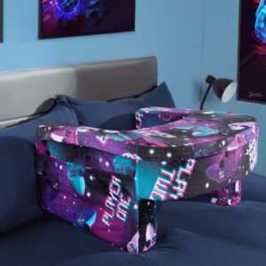 OHS Gaming Desk Lap Pillow from OHS featuring a colourful purple gaming controller design, positioned on a bed.