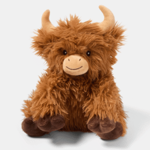 OHS Harry The Highland Cow Microwaveable Hottie from OHS showing a fluffy brown Highland cow design with soft horns and an embroidered smile
