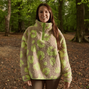 Teddy Abstract Leopard Print Half Zip Fleece from OHS showing the Natural and Neon green abstract leopard design.