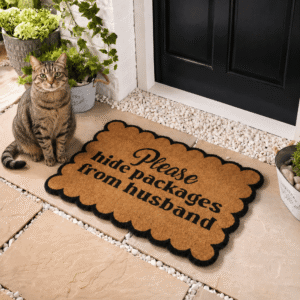 Please Hide Packages Doormat from OHS showing a brown scalloped coir mat with black lettering and Charlie the tabby cat sitting beside it