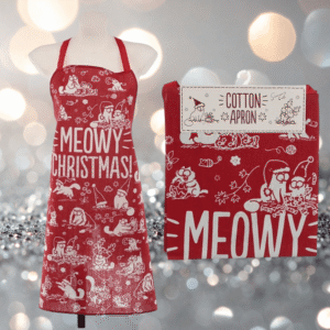 Simon's Cat Meowy Christmas apron from Cats In Charge showing a red festive apron with white Simon's Cat illustrations and Meowy Christmas lettering.