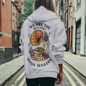 We Are The Music Makers white hoodie from Broken Society shown from the back with colourful gramophone and floral artwork