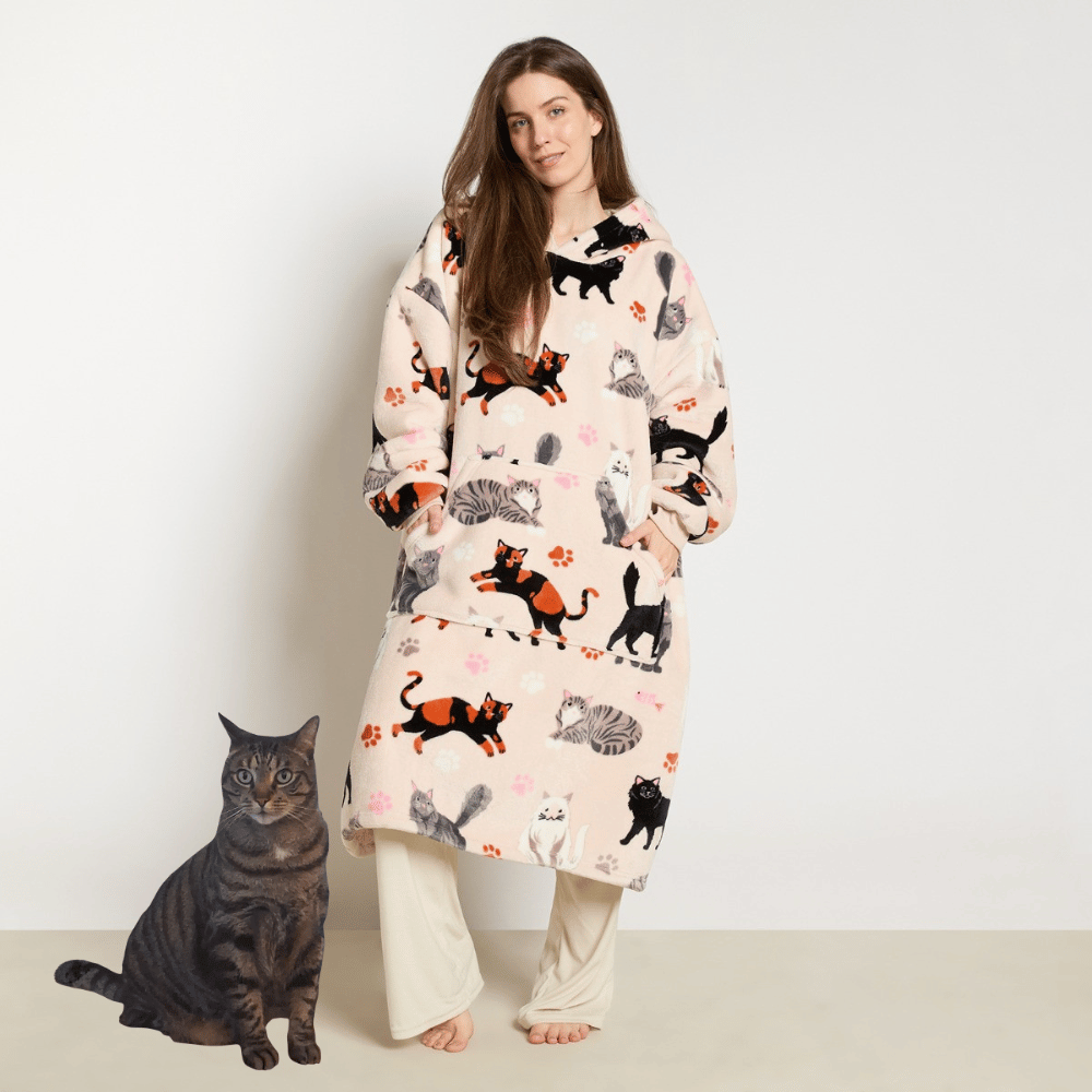 Cat Print Extra Long Hoodie Blanket from OHS showing the beige cat print design and extra long oversized hoodie style
