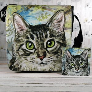 Cleo The Cat Small Shoulder Bag from Cats in Charge showing the black shoulder bag with Cleo tabby cat design