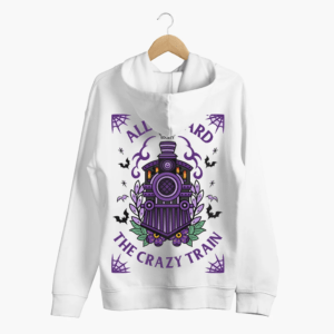Crazy Train Zip-Up Hoodie from Broken Society showing white hoodie with purple train, bat, cobweb and floral graphic