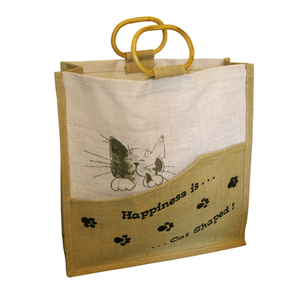 Happiness is a Cat Jute Tote Bag from Cats in Charge showing the Happiness is a Cat design and round wooden handles